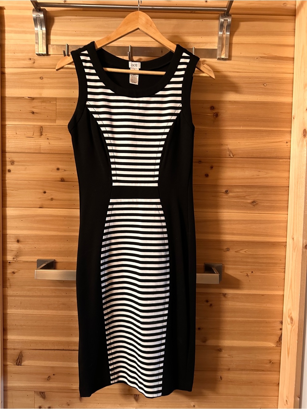 Cache Black and White Striped Midi Sheath Dress